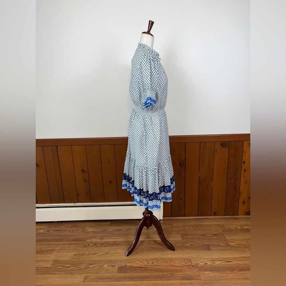 J. Crew Women White Blue Ditsy Floral Border Print Midi Dress Ruffle Sleeve L - Picture 3 of 6